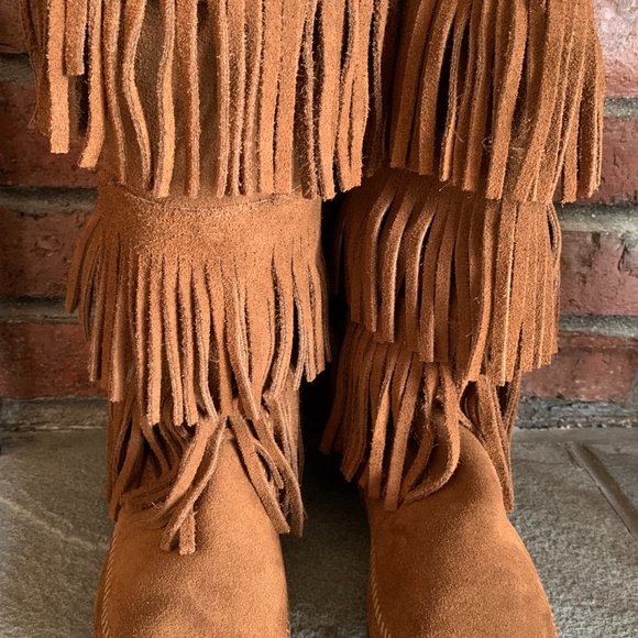 MINNETONKA Brown Suede Three Layer Fringe Boots - Picture 6 of 12